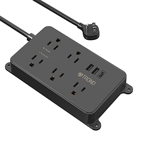 TROND Power Strip Surge Protector, 5 Widely-Spaced Outlets with 3 USB Ports (1 USB C), ETL Listed, Wall Mountable, Flat Plug 5ft Extension Cord, 1300J, 14AWG Heavy Duty, for Office Kitchen, Black
