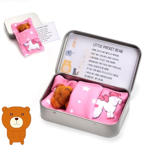 SUEIANNMN Little Pocket Bear Hug in a Tin Box Mini Pocket Hug Bear Decoration Cheer Up Thinking Of You Card Get Well Soon Best Wishes Gifts for Birthday Wedding Festival (Brown)