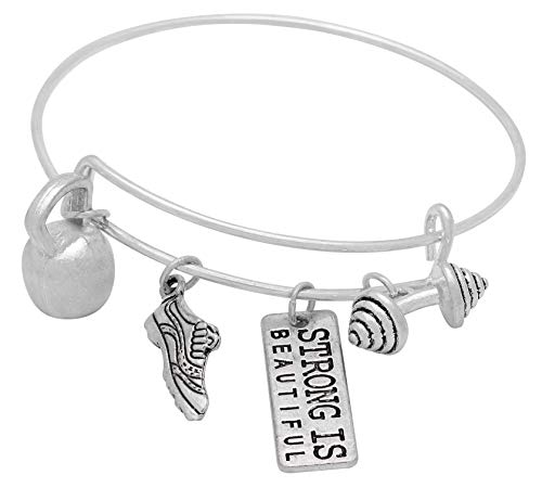 Art Attack Strong Is Beautiful Workout Gym Expandable Bracelet, Barbell Dumbbell Weight Exercise Victorious Brave Smart Wonderful Pendant Charm (Silver)
