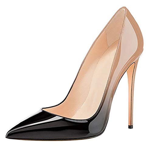 COLETER Pointy Toe Pumps for Women,Patent Gradient Animal Print High Heels Usual Dress Shoes Nude Black 12cm-NB 7 US