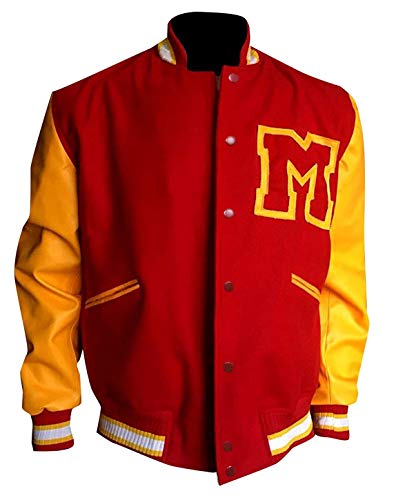 III-Fashions Men's Michael M Logo Varsity Baseball Letterman Red & Yellow Bomber Wool + Faux Leather Jacket