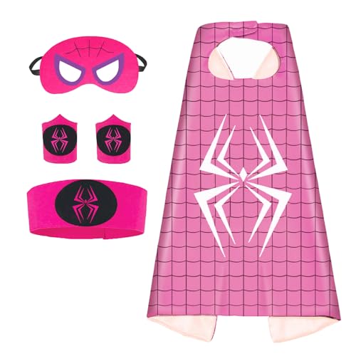 Axwcon Kids Superhero Cape and Mask with Wristband Waist Belt Toys - Superhero Cosplay Costume for 3-12 Year Boys girls (Rose)