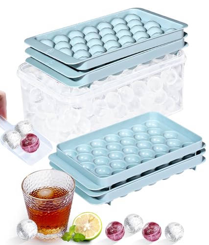DclobTop Stackable Round Ice Cube Tray Set with Lid & Bin – Create 99PCS Round Ice Balls, Ice Trays for Freezer is Easy to Release & Sturdy– Small Pellet Ice Maker for Drinks, Coffee and Cocktails