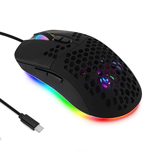 HXMJ Wired USB C Gaming Mice,Lightweight Honeycomb Shell,7200DPI,5 RGB Backlit for Apple MacBook,Computer or Laptops with Type C Port
