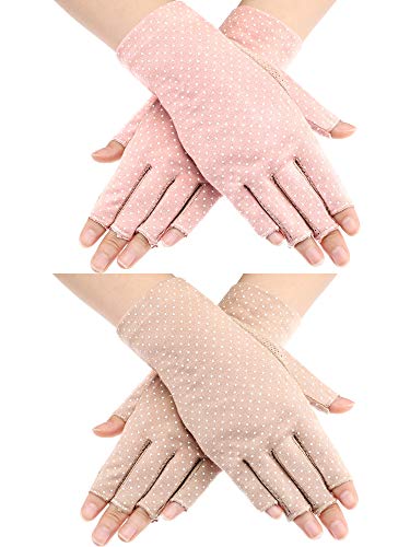 Maxdot Fingerless Gloves Non Slip UV Protection Driving Gloves Summer Outdoor Gloves for Women and Girls (Pink and Khaki, 2)