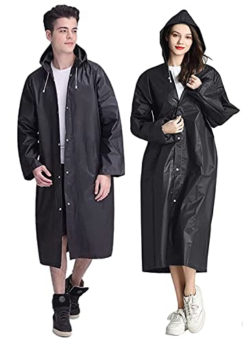 GUKOY Rain Coat Poncho for Adult, 2 Pack Women Men Reusable Raincoats Emergency with Hood and Drawstring (Black+Black)
