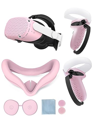 Gwyoneaon Protective Cover for Oculus/Meta Quest 2 Accessories, Silicone Controllers Grip Cover Protector, Soft Shell Skin with Face Cover and Lens Cover (Pink)