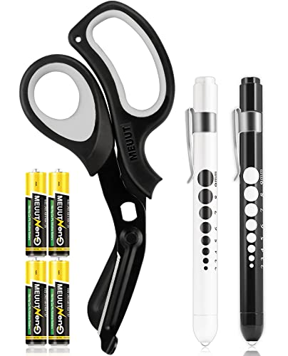 MEUUT 3 Pack Penlight & Medical Scissors- One 8 Inches Patented Trauma Shears Two LED Pen light with Four Batteries - Bandage Scissor for- Nurse, First Aid, EMT, Doctor