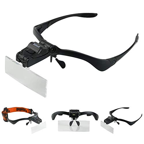 Beileshi Headhand Magnifier Glasses With 2 LED Professional Jeweler's Loupe Light Bracket and Headband are Interchangeable 5Lens Glass Magnifying Visor