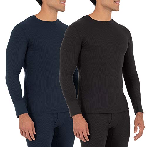 Fruit of the Loom Men's Recycled Waffle Thermal Underwear Crew Top (1 and 2 Packs), Black/Navy, X-Large