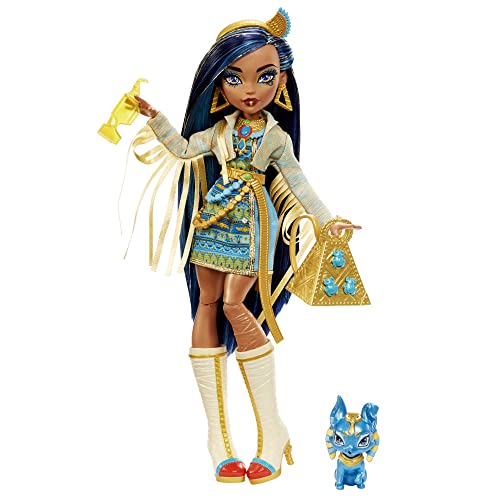Monster High Cleo De Nile Fashion Doll with Blue Streaked Hair, Signature Look, Accessories & Pet Dog