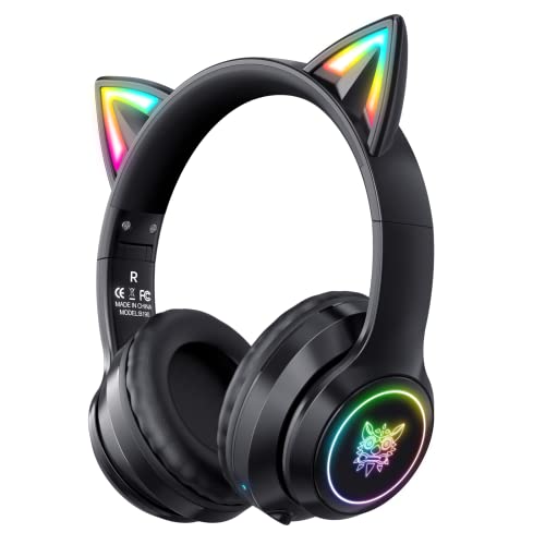 SIMGAL Bluetooth Cat Ear Headphones for Kids, Wireless & Wired Mode Foldable Headset with Mic, RGB LED Light, for Girls School Gaming, Compatible with Mobile Phones PC Tablet