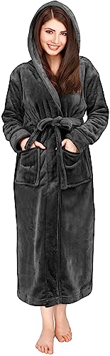 NY Threads Women Fleece Hooded Bathrobe - Plush Long Robe, Dark Grey, Medium