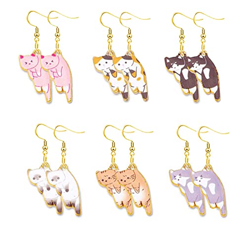 6 Pairs Cute Anime Cat Dangle Earrings Set for Women Girls Funny Aesthetic Animal Floral Teacup Cat Earrings Cartoon Kitten Dangle Earrings Lover Cat Birthday Gifts (A Cat Earrings)