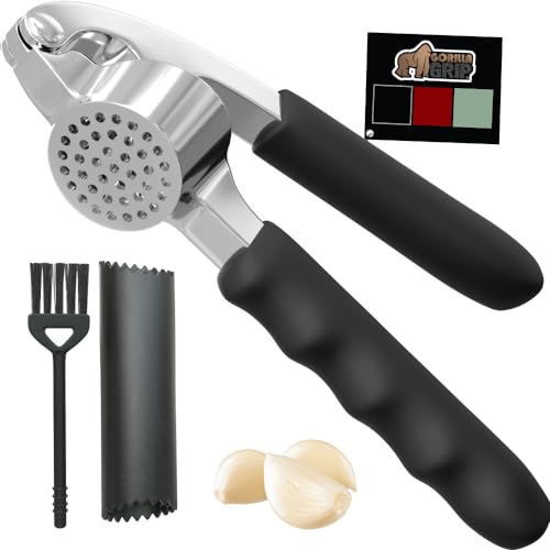 Gorilla Grip Large Garlic Press and Peel Set, Heavy Duty Mincer Tool, Easily Mince and Crush Garlics, Ginger, Nuts, Seeds, Ergonomic Handle, Peeler Included for Peeling Cloves, Kitchen Gadgets, Black