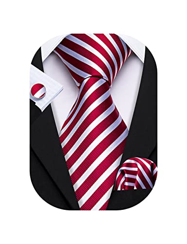 Barry.Wang Stripe Men Ties Set Classic WOVEN Necktie with Handkerchief Cufflinks Formal Red White