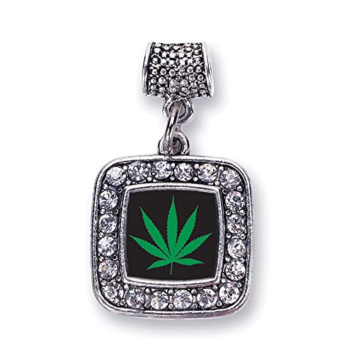 Inspired Silver - Marijuana Leaf Memory Charm for Women - Silver Square Charm for Bracelet with Cubic Zirconia Jewelry