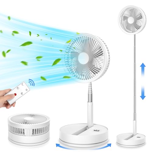 LIPETY 9' Portable Standing Oscillating Fan with Remote - 7200mAh Rechargeable Battery Tall Floor Foldable Travel Fan for Sleeping - Pedestal Stand Up Folding Bed Fan for Home Bedroom