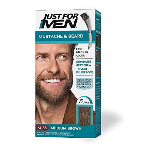 Just For Men Mustache & Beard, Beard Dye for Men with Brush Included for Easy Application, With Biotin Aloe and Coconut Oil for Healthy Facial Hair - Medium Brown, M-35, Pack of 1