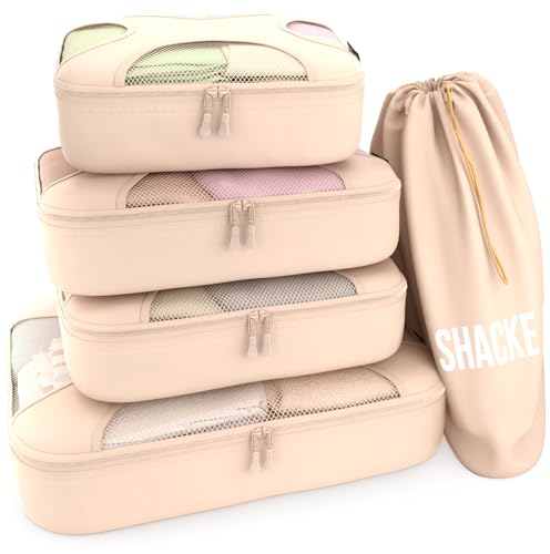 Shacke Pak - 5 Set Packing Cubes - Travel Organizers with Laundry Bag (Cream)