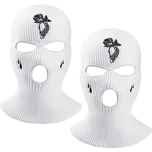 Bencailor 2 Pcs 3-Hole Knitted Full Face Cover Ski Mask Balaclava Knitted Mask Beanie Winter for Outdoor Cycling Ski Sports(White, Rose Style)