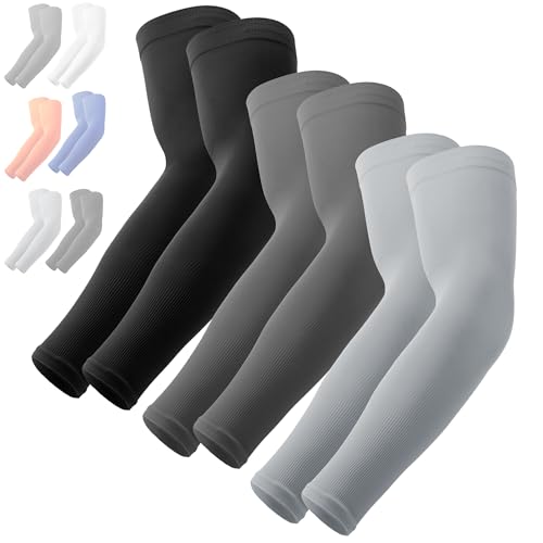 OutdoorEssentials UV Sun Protection Arm Sleeves - Cooling Compression Arm Sleeve - Sports & UV Arm Sleeves for Men & Women, 1 Pair Black, 1 Pair Dark Gray, 1 Pair Light Gray