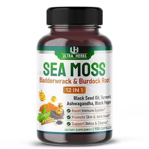 Organic Sea Moss Capsules 12,900mg with Black Seed Oil, Ashwagandha, Burdock Root, Bladderwrack for Immune System, Gut, Skin & Energy *USA Made & Tested* (150 Count (Pack of 1))