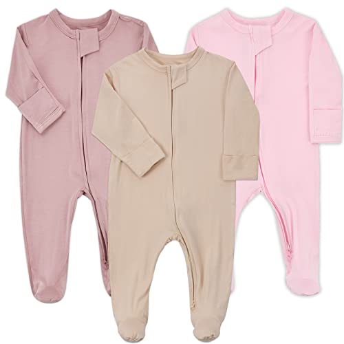 Aablexema Baby Zipper Pajamas Bamboo Rayon, 3pcs Unisex Infant Onesie with Mitten Long Sleeve Footed Pjs(Beige & Pink & Purple,Newborn)