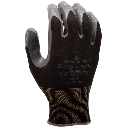SHOWA Atlas 370B Nitrile Palm Coating Glove, Black, Small (Pack of 12 Pairs)