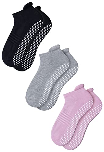 RATIVE Anti Slip Non Skid Barre Yoga Pilates Hospital Socks with grips for Adults Men Women (Large, 3-pairs/black+grey+pink)