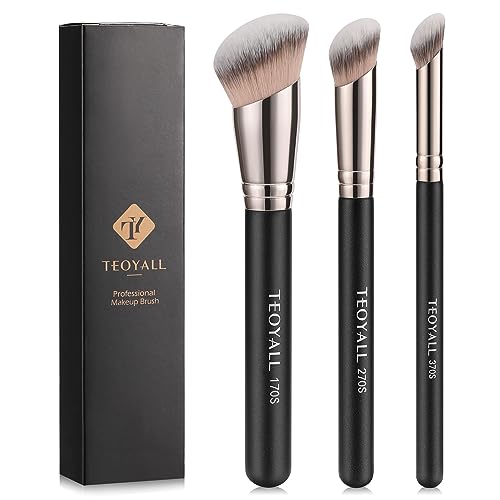 TEOYALL Foundation Contour Conceal Brush Set, 3PCS Angled Synthetic Kabuki Brush for Blending Setting Buffing with Liquid, Cream and Powder Cosmetic (170S/270S/370S)