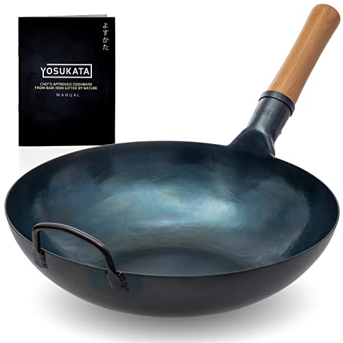 YOSUKATA Flat Bottom Wok Pan - 13.5' Blue Carbon Steel Wok - Preseasoned Carbon Steel Skillet - Traditional Japanese Cookware for Electric Induction Cooktops Woks and Stir Fry Pans