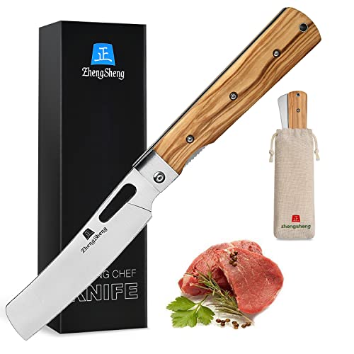 ZhengSheng Folding Chef Knife 4.8” Ultra Sharp 440A Stainless Steel Blade Natural Olive Handle Pocket Foldable Japanese Style Kitchen Knife for Outdoor Camping BBQ trip Cooking