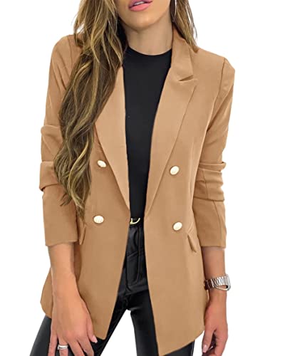 Hdieso Womens Solid Color Casual Long Sleeve Lapel Button Blazer Jacket Khaki