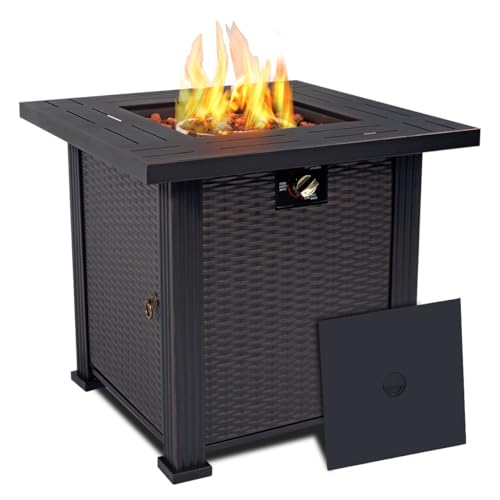 Senjoys 28'' Propane Fire Pit Table, 50,000 BTU Fire Table with Steel Lid, Big Legs, Laval Rocks.