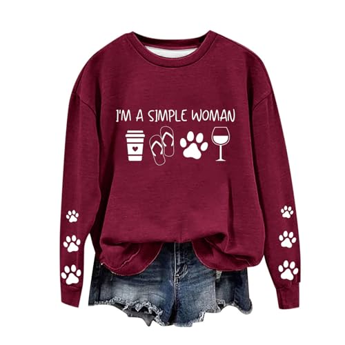 Blusas De Mujer Elegantes Juvenil Sexy I'm a Simple Women Shirt Women Coffee Latte Flip-Flops Dog Paw Wine Glass Sweatshirt Cute Dog Paw Print Long Sleeve Tee Tops