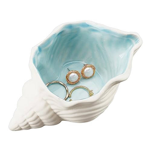 NBEADS Conch Shape Ceramic Jewelry Tray, Aqua Shell Trinket Dish Ceramic Ring Earring Holder Ocean-themed Decorative Trinket Plate for Rings Earrings Necklaces Bracelet Jewelry Watch Keys