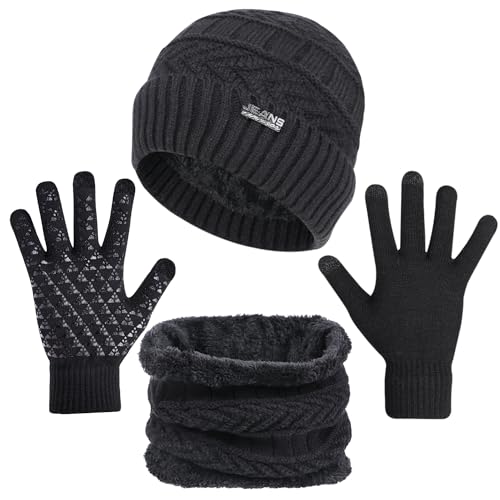 3-Pieces Winter Beanie Hats, Scarf and Touch Screen Gloves Set for Men and Women, Warm Knit Cap, Black
