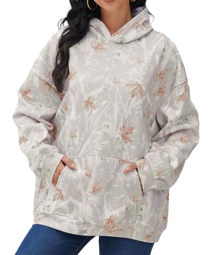 Womens Camo Hoodies Maple Leaf Print Oversized Sweatshirt Fleece Pullover Sweatshirts Long Sleeve with Pocket Fall Outfits