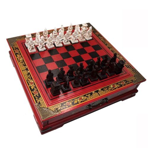 Ireav Retro Terracotta Warriors Chess Set for Kids and Adults Classic Family Board Game with Folding Wooden Chessboard 3D Resin Chess Pieces and Storage Slots (10.23×10.23 inch)