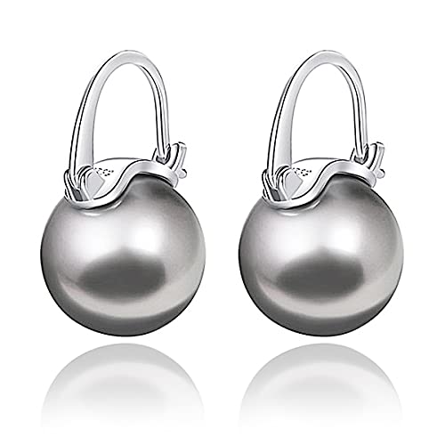 OwMell Elegant 925 Sterling Silver Large Size Shell Pearl Drop Earrings Dangle Stud Earrings for Women 12mm Grey