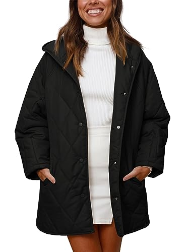 Fisoew Womens Oversized Quilted Jackets Casual Hooded Coat Loose Fit Winter Coats with Pockets