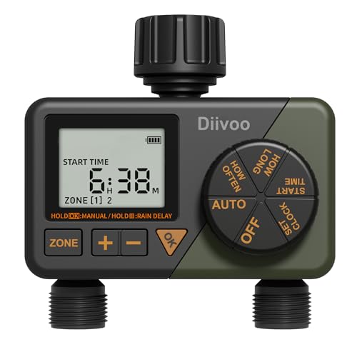 Diivoo Sprinkler Timer 2 Zone, Programmable Water Hose Timer 2 Outlet for Garden, Automatic Irrigation Timer IP54 with Rain Delay/Manual/Auto Mode, Outdoor Hose Timer Controller for Lawn, Yard, Pool