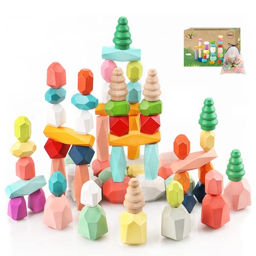 48PCS Wooden Stacking Building Blocks Montessori Toys for 1 2 3 4 5 6 Year Old Girls Boys Preschool Educational Sensory Toys for Toddlers 1-3 STEM Learning Toys Ages 2-4 Kids Games Gift