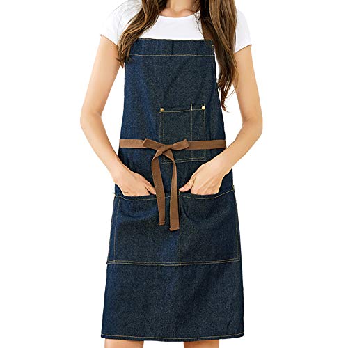 YukaBa Blue Adjustable Denim Jean Kitchen apron with 5 Pockets for Women Men Optimized upgrade(Denim) (Set of 1)