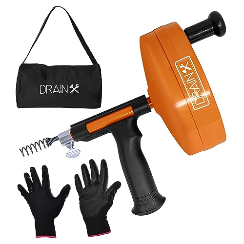 DrainX Drain Auger Pro | Heavy Duty Steel Drum Plumbing Snake with 25-Ft Drain Cleaning Cable | Comes with Work Gloves and Storage Bag