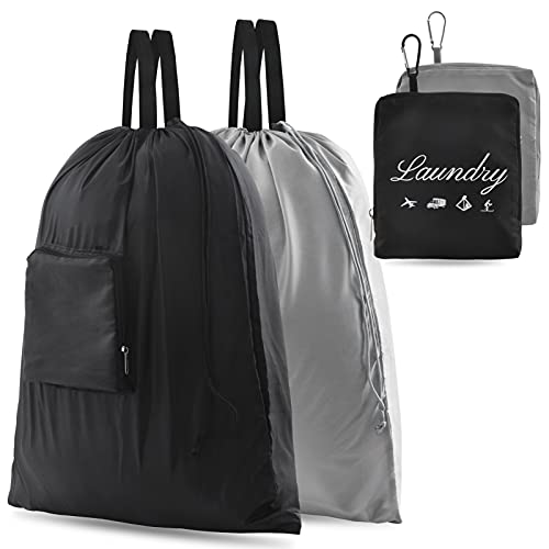 2 Pcs JHX Dirty Laundry Bag【Upgraded】 with Handles and Aluminum Carabiner, Collapsible Clothes Bag for Travel, Camp, Fitness, and Students (Black&Grey) 24'L x 21'W