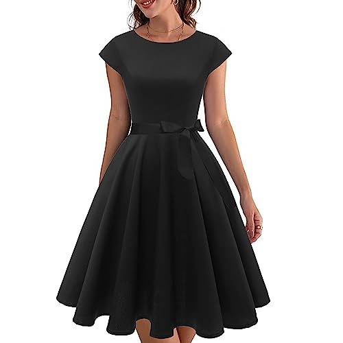 PUKAVT Women's 1950 Boatneck Cap Sleeve Vintage Swing Cocktail Party Dress with Pockets Black XL