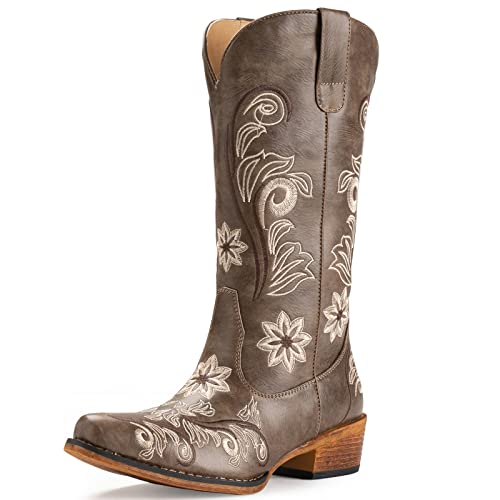 IUV Cowboy Boots For Women Mid Calf Western Boots Cowgirl Pull-On Tabs Pointy Toe Boot