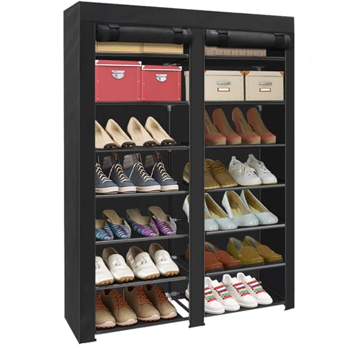 ERONE Shoe Rack Storage Organizer 7-10 Tier, Stackable Portable Covered Shoe Shelf Cabinet for Closet, Entryway, Room, Bedroom (Black, 7 Tier)